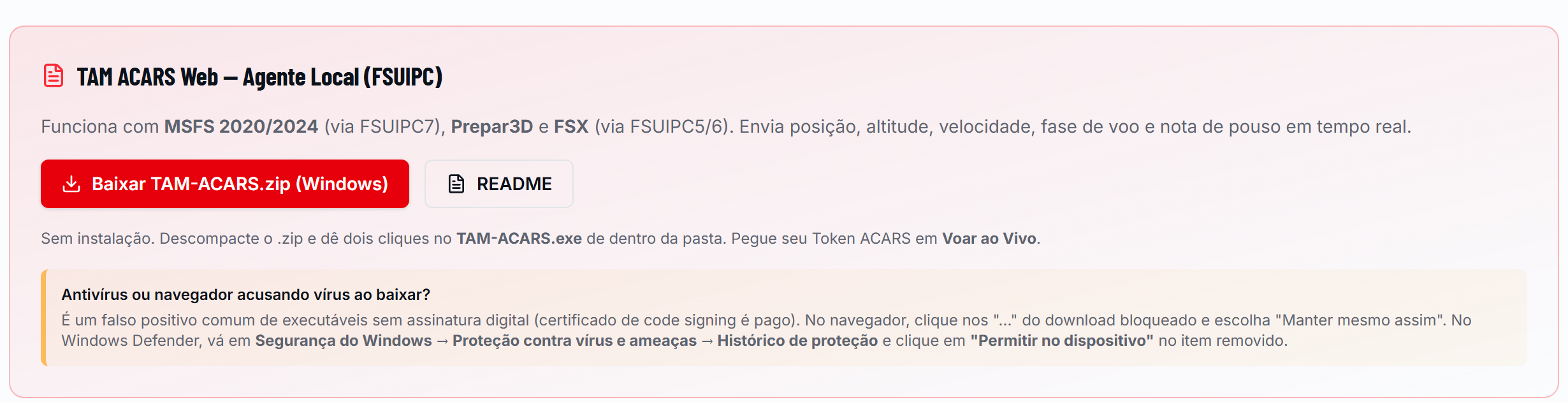 Página de downloads com o botão Baixar TAM-ACARS.zip