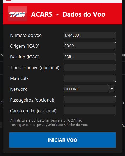 Janela do TAM ACARS com os dados do voo